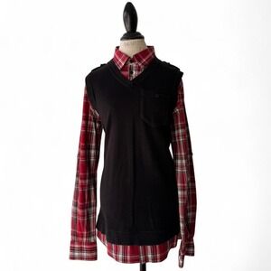 BLUE GURU Red Plaid Button Up Shirt with Black V Neck Sweater Vest Top